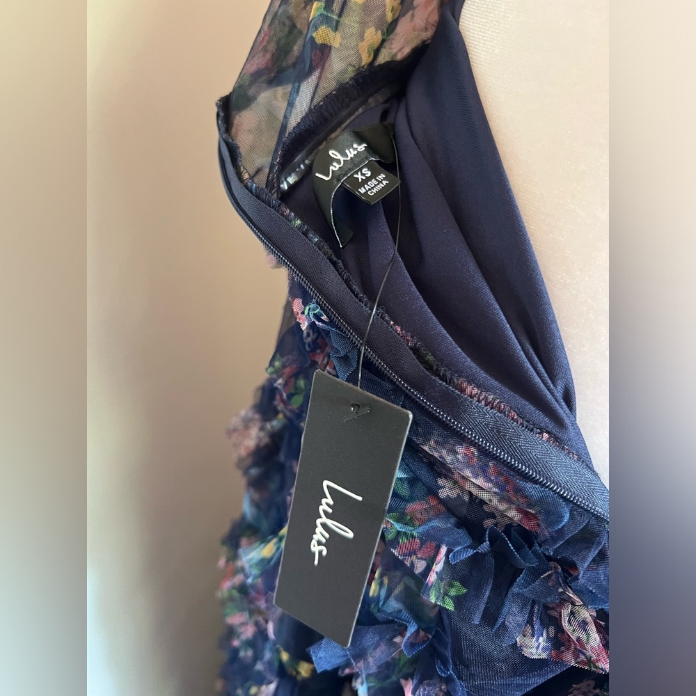 Lulus Stunning Element Navy Floral Mesh Ruffled Strapless Maxi Dress - Picture 11 of 13